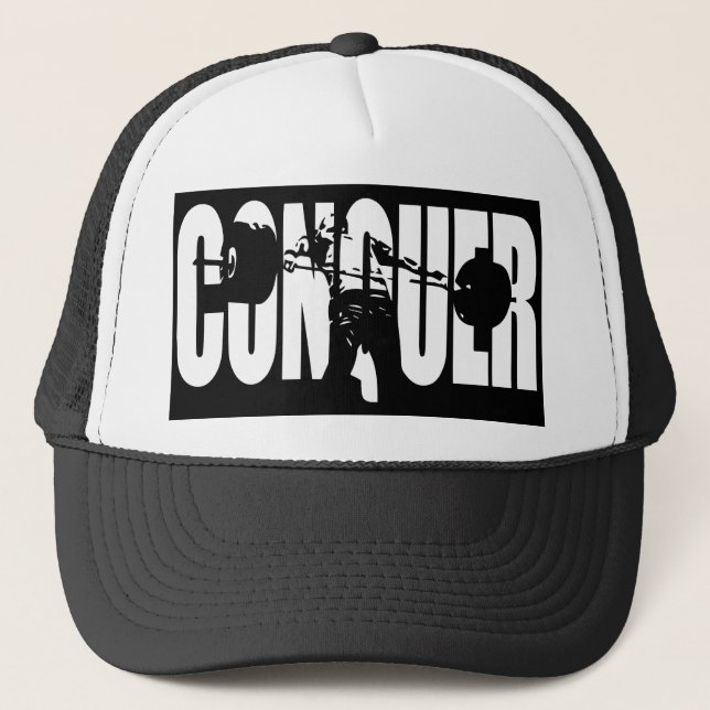 CONQUER - Olympic Weightlifting - Gym Motivational Trucker Hat (Front)