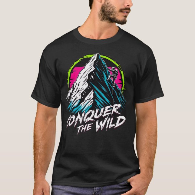 Conquer the Wild – Neon Adventure Climber Design T-Shirt (Front)