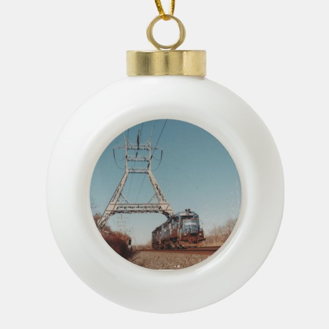 Conrail locomotives under PECO transmission lines  Ceramic Ball Christmas Ornament (Front)