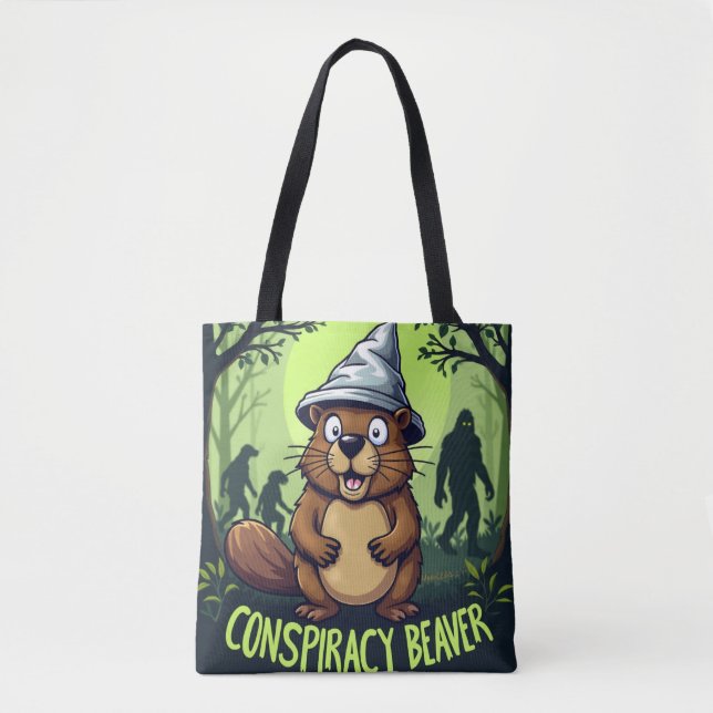 Conspiracy Beaver | Funny Cryptid Hunter Tote Bag (Front)