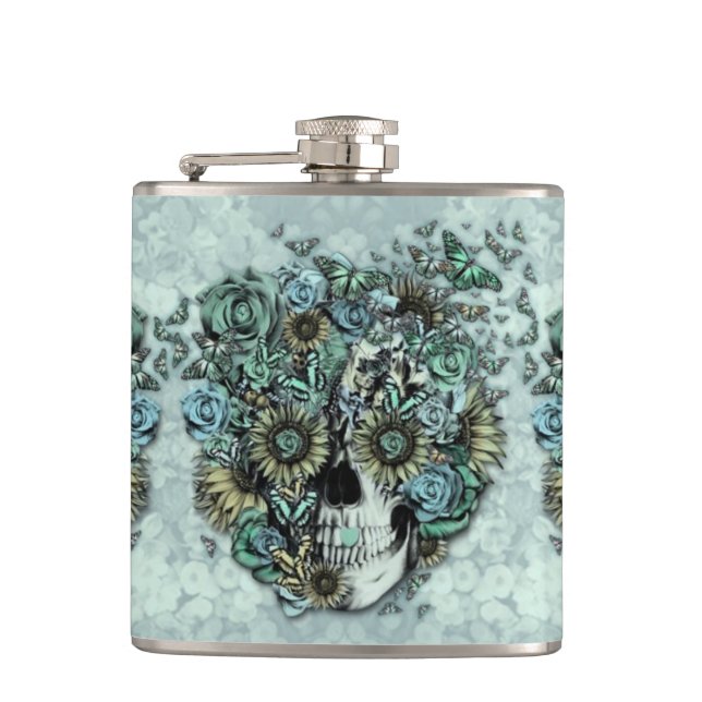 Constant, pale blue butterfly skull hip flask (Front)