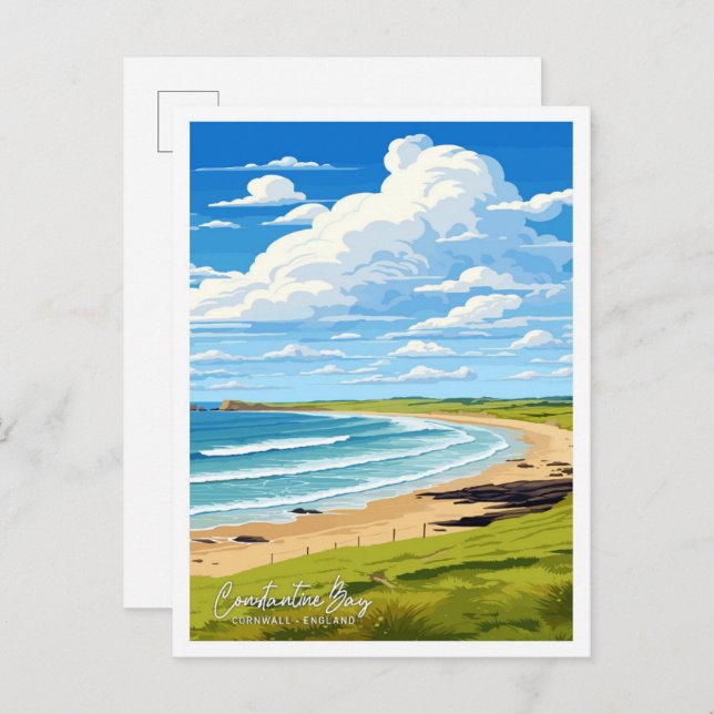 Constantine Bay Cornwall Art Travel  illustration Postcard (Front/Back)