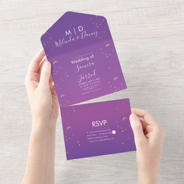 Constellation Gold Purple Ombre Wedding All In One Invitation (Tearaway)