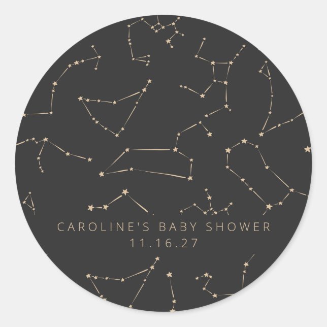 Constellations Stars Black Gold Custom Baby Shower Classic Round Sticker (Front)