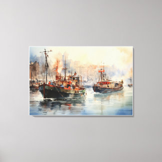 constitution Bustling Tug boats Watercolor Canvas Print