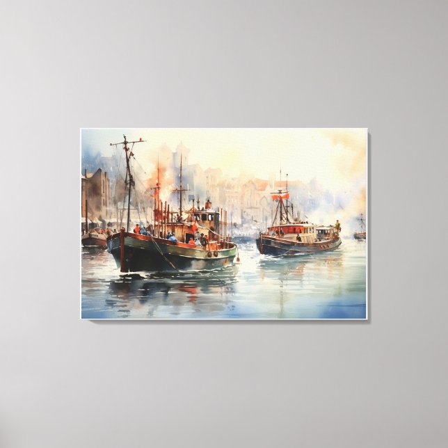 constitution Bustling Tug boats Watercolor Canvas Print (Front)