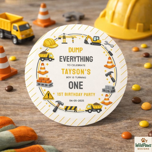 Construction 1ST Birthday | Builder Truck Party Classic Round Sticker (Construction 1ST Birthday | Builder Truck Party Classic Round Sticker)
