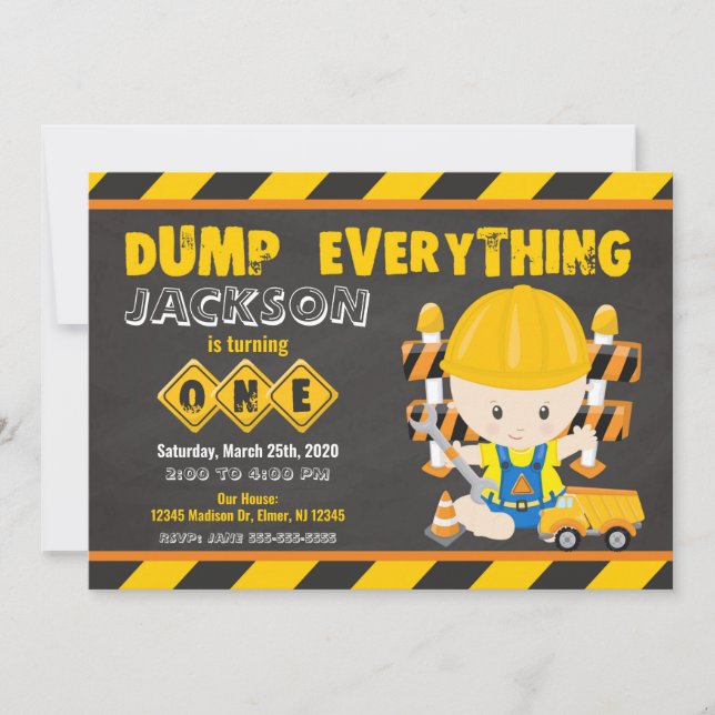Construction 1st Birthday Invitation Chalkboard (Front)