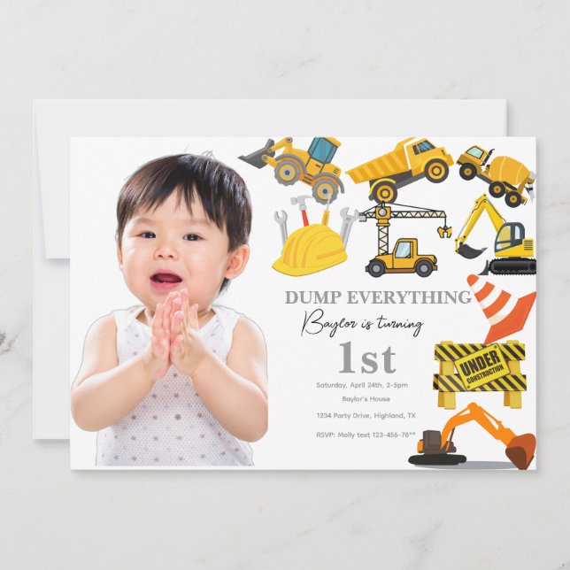 Construction 1st Birthday Invitation | Truck (Front)