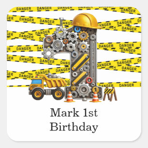 Construction 1st  Birthday Party Square Sticker