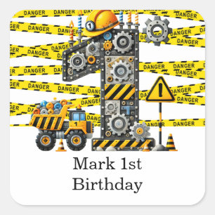 Construction 1st  Birthday Party Square Sticker