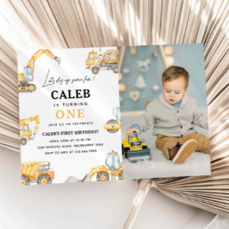Construction 1st Birthday Photo Invitation