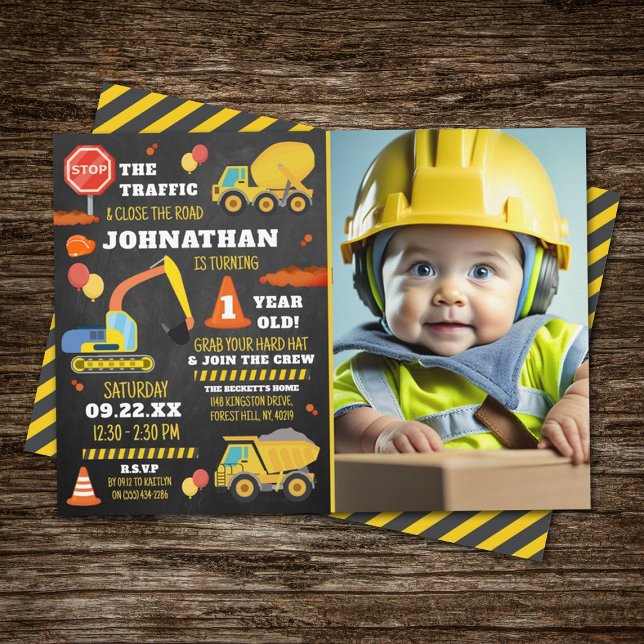 Construction 1st Birthday Photo Invitation (Creator Uploaded)