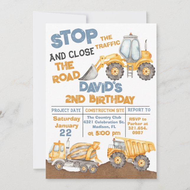 Construction 2nd Birthday Dump Truck Party Invitation (Front)