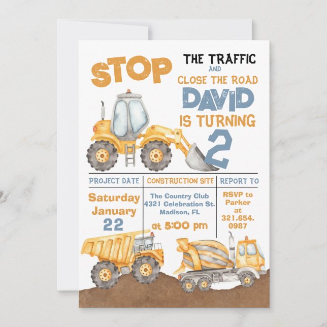 Construction 2nd Birthday Dump Truck Party Invitation (Front)