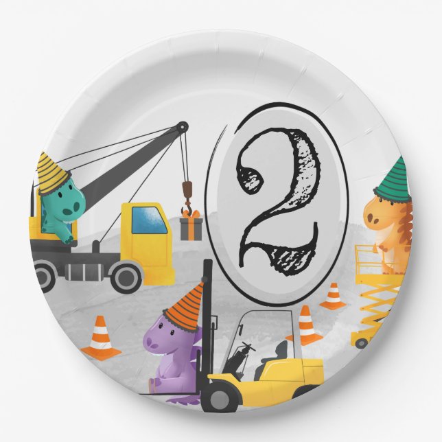 Construction 2nd Birthday Party, Dinosaur Theme Paper Plate (Front)