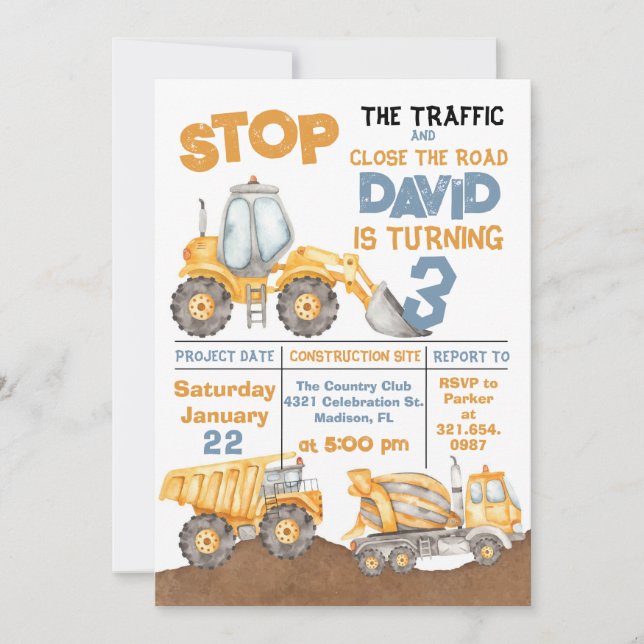 Construction 3rd Birthday Dump Truck Party Invitation (Front)