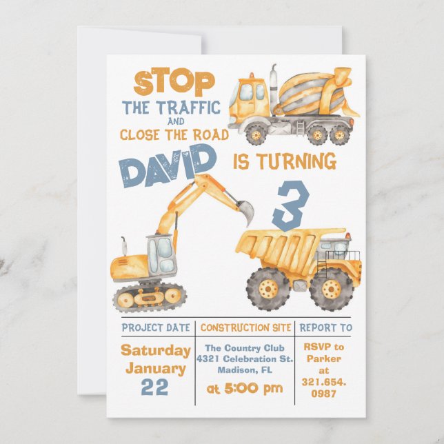 Construction 3rd Birthday Dump Truck Party Invitation (Front)