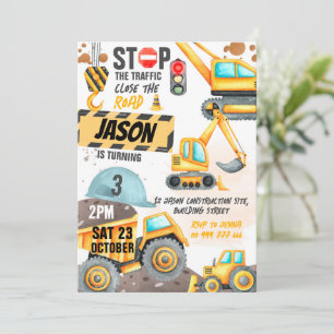 Construction 3rd Birthday Party Dump Truck Digger Invitation