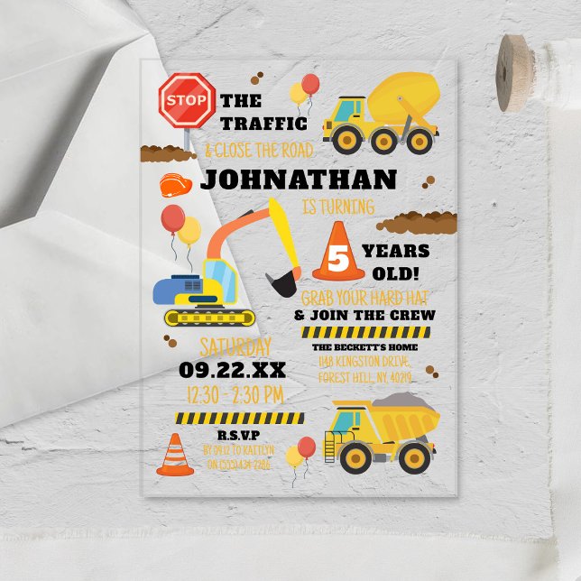 Construction 5th Birthday Acrylic Invitations (Creator Uploaded)