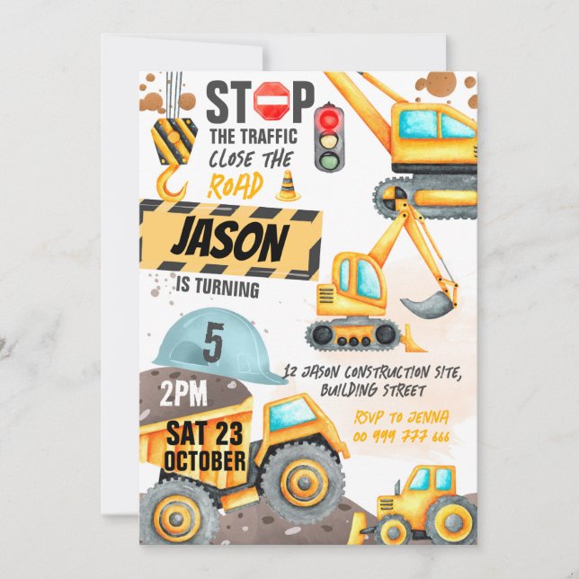 Construction 5th Birthday Party Dump Truck Digger Invitation (Front)