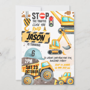 Construction 6th Birthday Party Dump Truck Digger Invitation