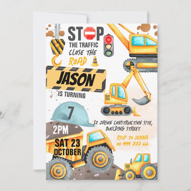 Construction 7th Birthday Party Dump Truck Digger Invitation (Front)