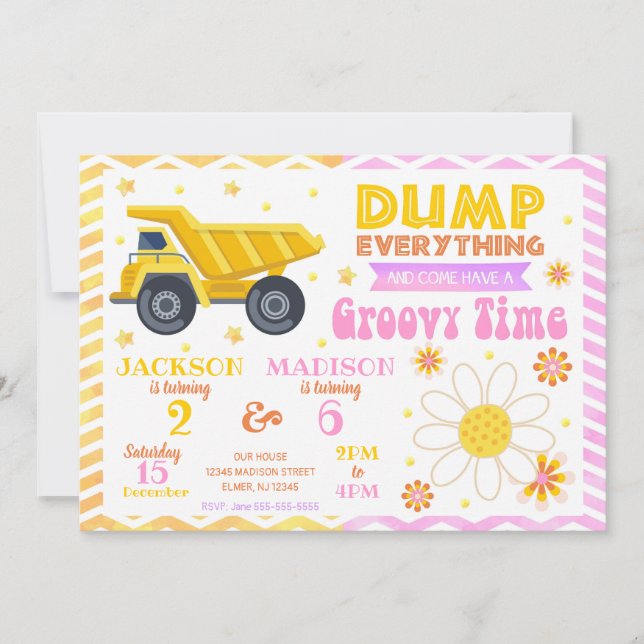 Construction and Groovy Joint Birthday Invitation (Front)