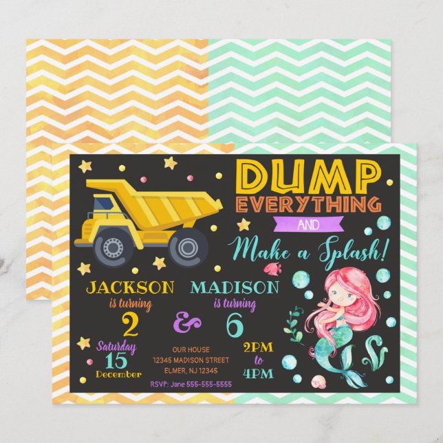 Construction and Mermaid Joint Birthday Invitation (Front/Back)
