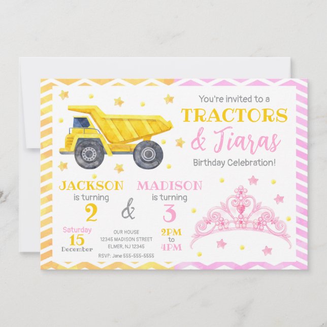 Construction and Princess Joint Birthday Invitation (Front)