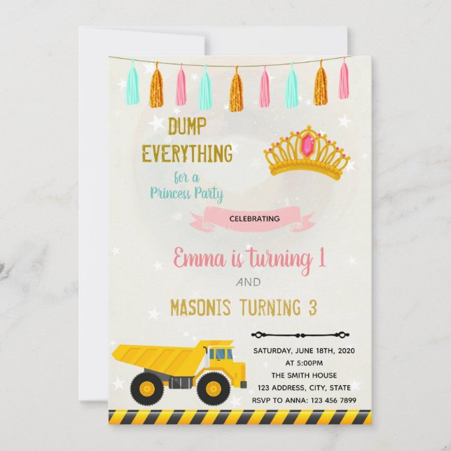 Construction and princess joint party invitation (Front)