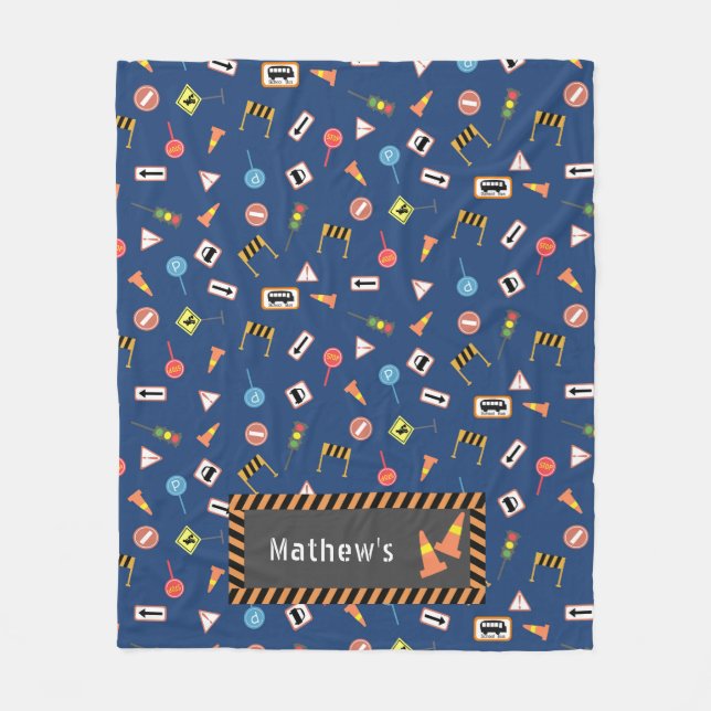 Construction and Road Signs Blue.  Fleece Blanket (Front)