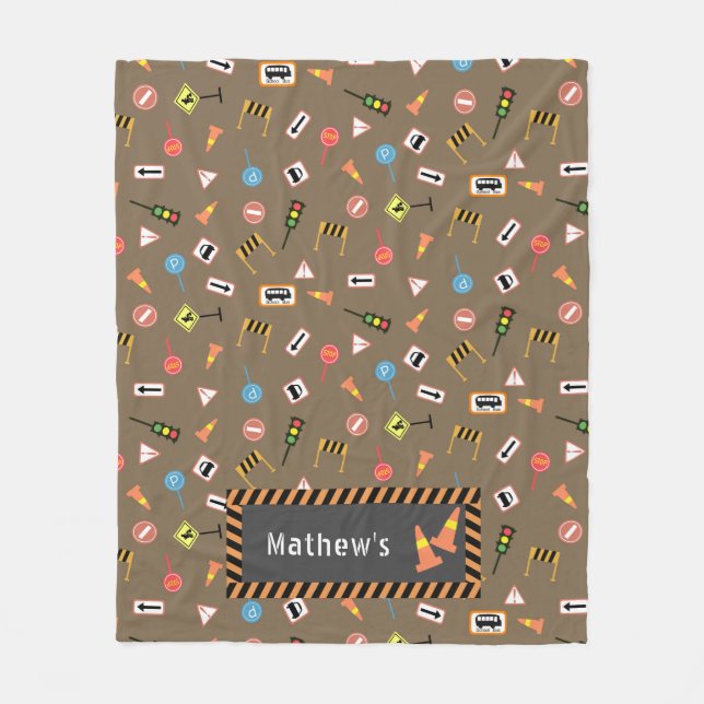 Construction and Road Signs Brown.  Fleece Blanket (Front)