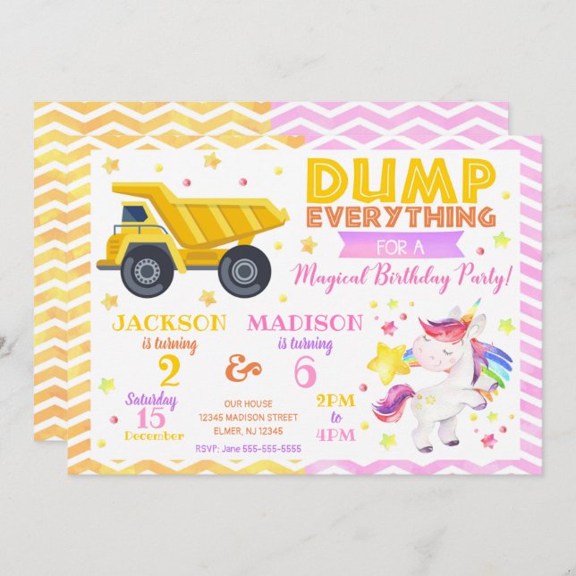 Construction and Unicorn Joint Birthday Invitation (Front/Back)