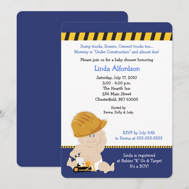 Construction Baby Boy Baby Shower Invite (Front/Back)