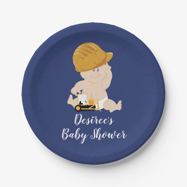 Construction Baby Bulldozer Baby Shower Paper Plate (Front)