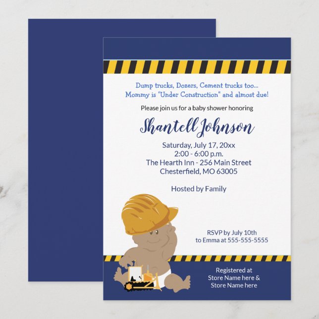 Construction Baby Dark Skin Baby Shower Invitation (Front/Back)
