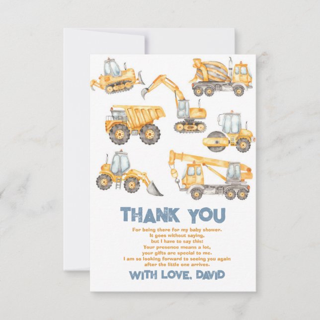 Construction Baby Shower Dump Truck Party Thank You Card (Front)