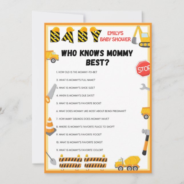 Construction Baby Shower Game - Editable Name - In Invitation (Front)