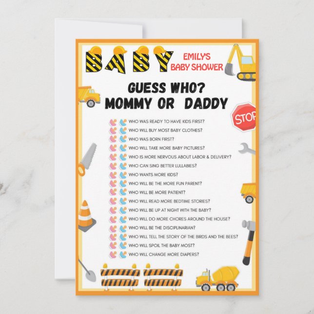 Construction Baby Shower Game - Editable Name - Invitation (Front)