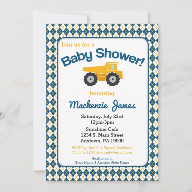 Construction Baby Shower Invitation Boy Truck (Front)