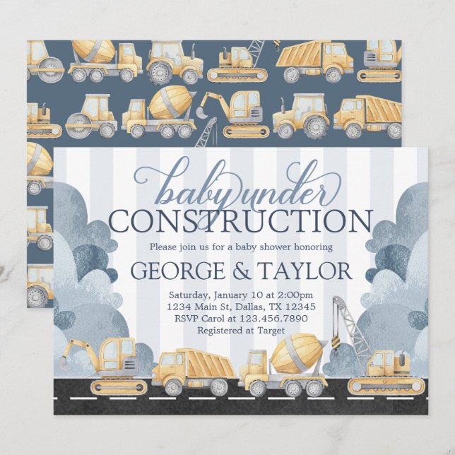 Construction Baby Shower Invitation Invite (Front/Back)
