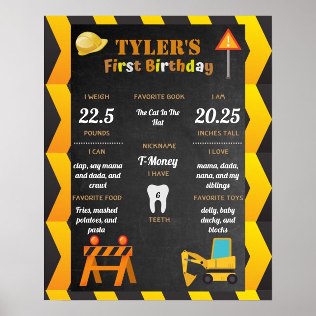 Construction Baby's 1st Birthday Milestones Poster (Front)