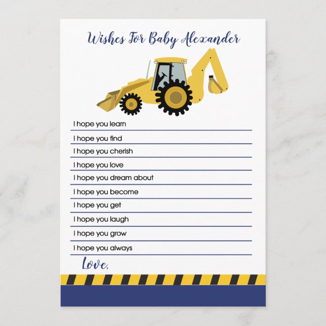 Construction Backhoe Baby Shower Wishes for Baby Advice Card (Front)