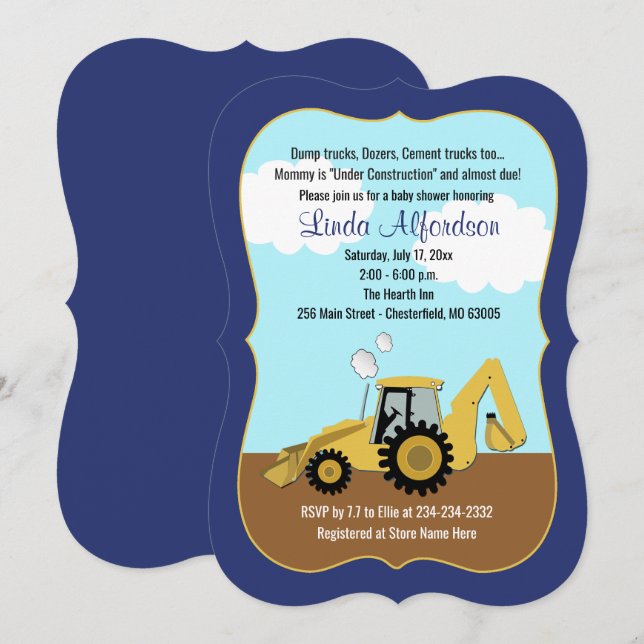 Construction Backhoe Boy Baby Shower Invitation (Front/Back)