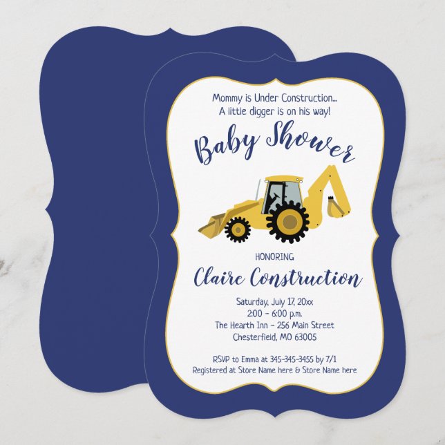Construction Backhoe Boy Baby Shower Invitation (Front/Back)