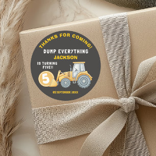 Construction Birthday 5 Excavator “Dump Everythin Classic Round Sticker
