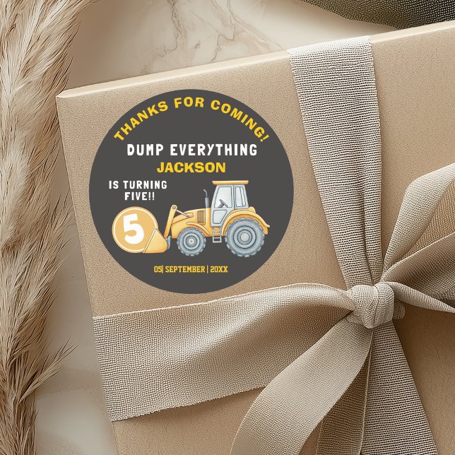Construction Birthday 5 Excavator “Dump Everythin Classic Round Sticker (Creator Uploaded)