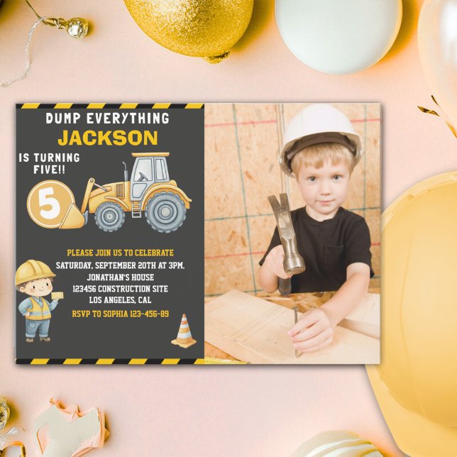 Construction Birthday 5 with Photo | Dump Truck  Invitation (Creator Uploaded)
