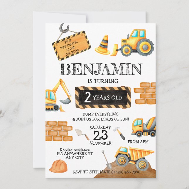 Construction Birthday Boy Birthday Party Invitation (Front)